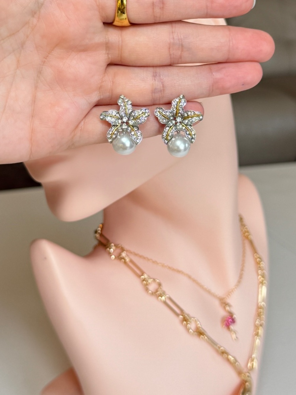 Pearl & Crystal Flower Earrings - Picture 9 of 11
